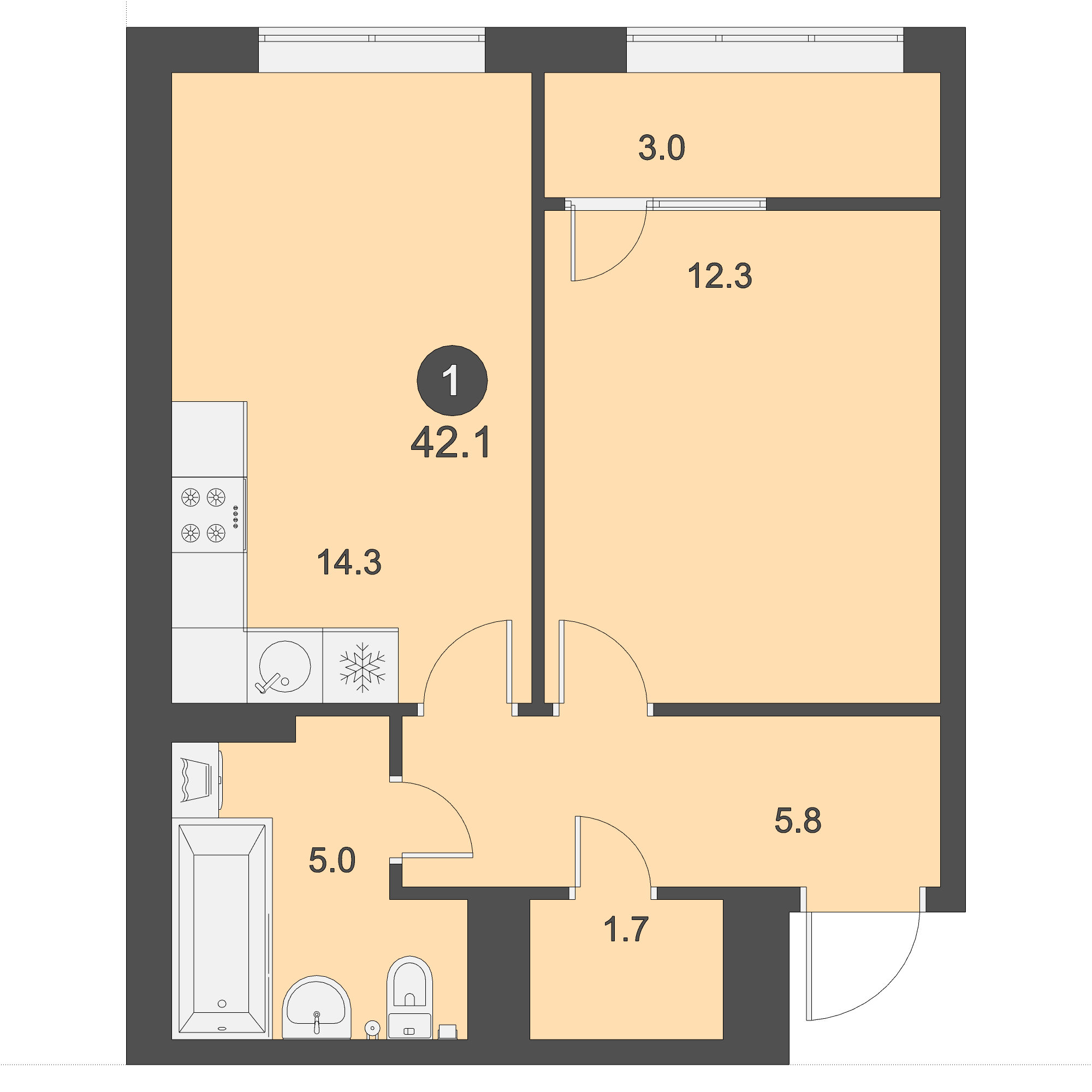 ЖК Дом на Бульваре, 1-комн кв 42,1 м2, за 5 388 800 ₽, 4 этаж